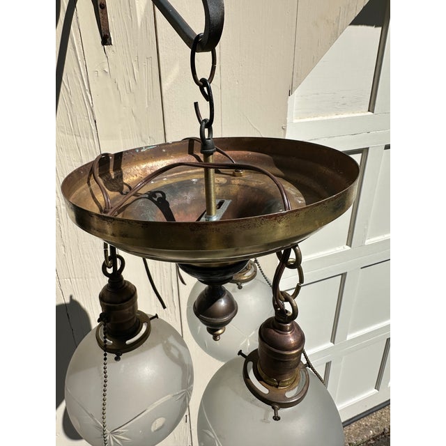 Vintage Three Light Brass Semi-Flush Mount Fixture With Vintage Shades For Sale - Image 12 of 12