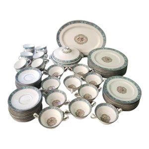 Wedgwood Runnymede Turquoise Pink Shells, Floral Center 71 Pcs Dinner Set
