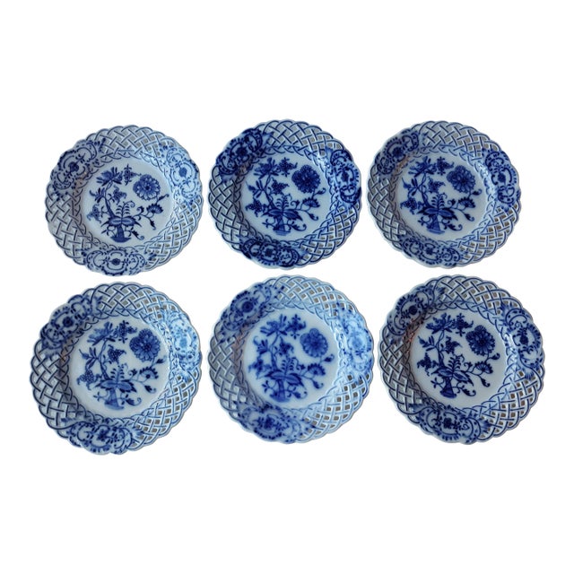Antique Carl Teichert Meissen Pierced Blue Onion Small Butter Plates- Set of 6 For Sale