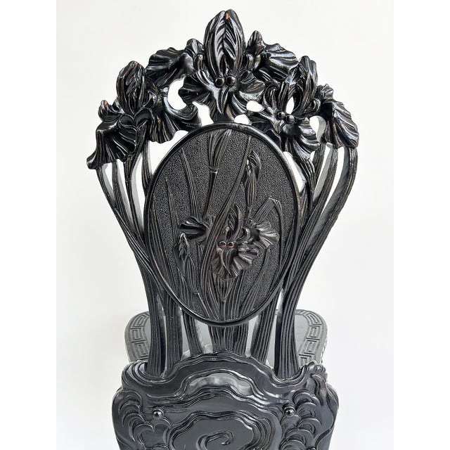 Wood Early 20th Century Chinese Heavily Carved Ebonized Chair With Art Nouveau Influence, Greek Key Trim For Sale - Image 7 of 15