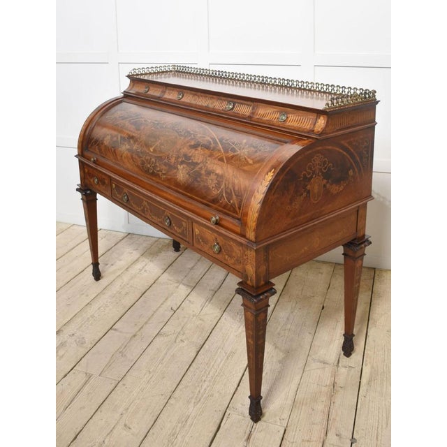 Sheraton Revival Marquetry Inlaid Cylinder Desk For Sale - Image 18 of 18