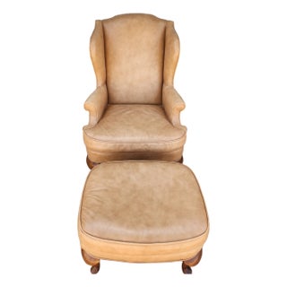 1970s Wingback Leather Chair With Ottoman For Sale