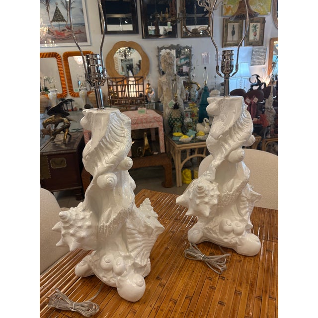 Modern Vintage Pair Seashell Shell Plaster Table Lamps by Sirmos Newly Wired & Restored For Sale - Image 3 of 11