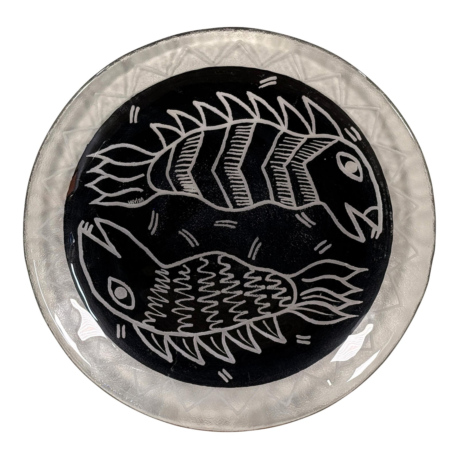 Postmodern Scandinavian Art Glass Plate by Ulrica Hydman Vallien Kosta Boda Kaboka Black Fish