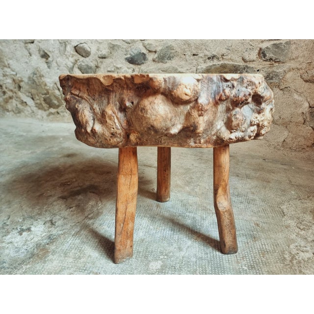 Brutalist French Burled Cherrywood Stool Primitive Milking Stool, 1890s For Sale - Image 4 of 11