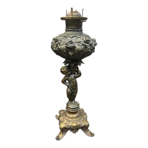 Vintage Embossed Metal Parlor Table Lamp With Figural Cherub Cupid Base