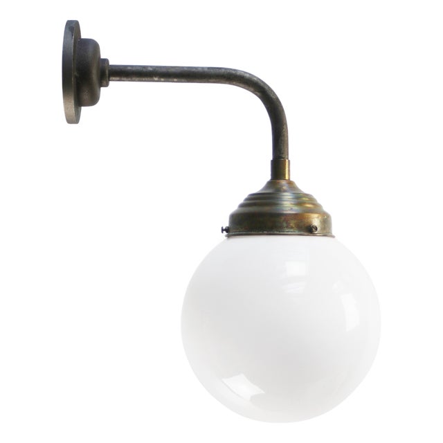 Vintage Brass and Cast Iron Sconce with White Opaline Glass For Sale