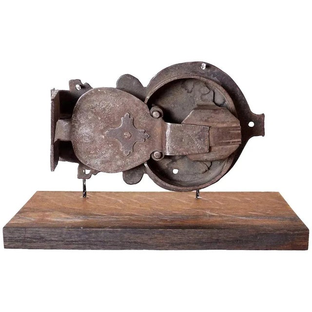 Metal Early Continental Hand Forged and Chased Iron Cabinet Lock on Stand For Sale - Image 7 of 7