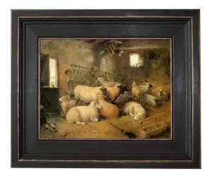 Sheep in the Barn Framed Oil Painting Reproduction Print on Canvas - 8" X 10"