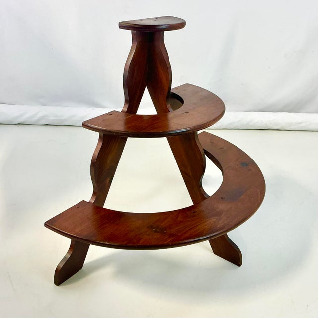 1970s 1970s Vintage Arts & Crafts Boho Chic Pine 3-Tier Half Moon Plant Stand, Dark Stain. For Sale - Image 5 of 13