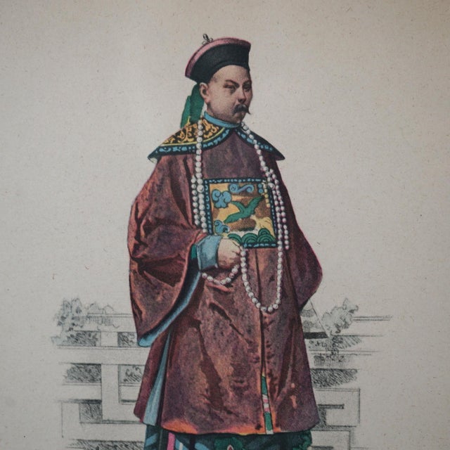 1900 - 1909 Pair of Antique Hand Colored Oriental Mandarin Prints, Man & Woman of Royalty, 1900 For Sale - Image 5 of 12
