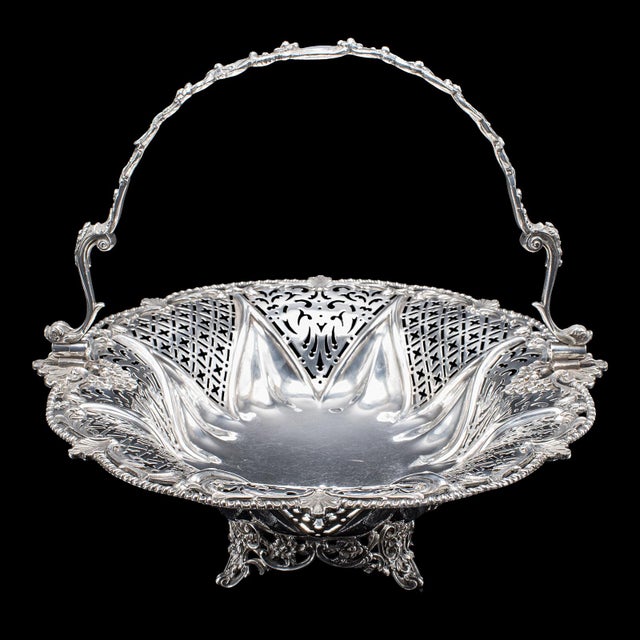 English Vintage Decorative Cake Basket, English, Silver Plate, Fruit Dish, Mid Century For Sale - Image 3 of 12