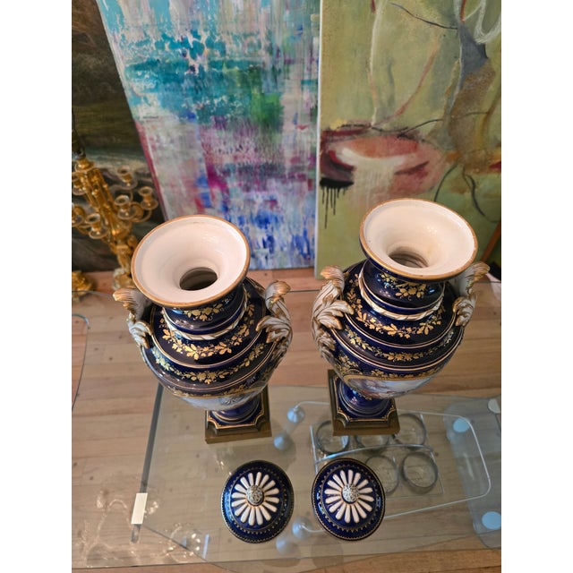 Antique Cobalt Blue Porcelain Pr Urns Attributed to Sevres | Chairish