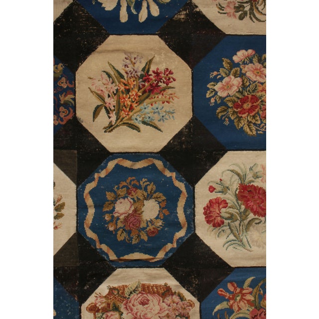 Blue Handmade Antique English Needlepoint Rug in Blue, Beige-Brown Floral Pattern For Sale - Image 8 of 9
