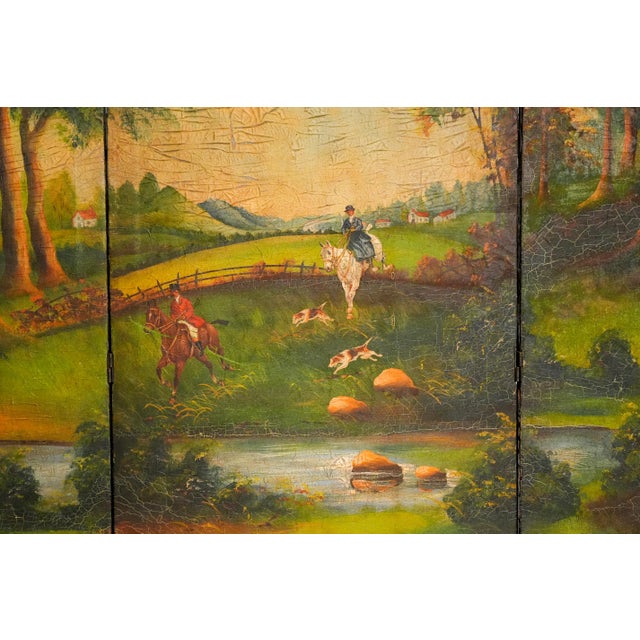Three Panel Screen Room Divider Antique Hand Painted English Country Horse Scene For Sale In New York - Image 6 of 18