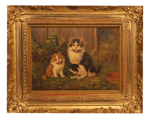 Benno Kögl, Cat with Two Kittens, Mid-20th Century, Oil on Wood, Framed
