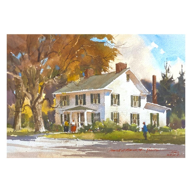 A charming original watercolor by Lowell Ellsworth Smith, depicting a sunlit Ohio farmhouse nestled among autumn...