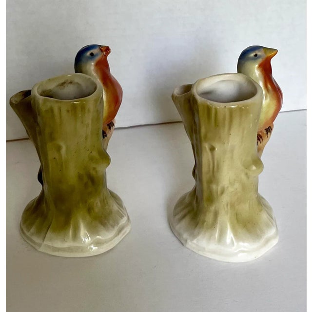 1940s Vintage Czechoslovakia Ceramic Bird on Log Double Bud Vases- a Pair For Sale - Image 4 of 8