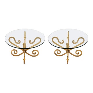 1950s Rene Drouet Attrib. Gilt Wrought Iron and Glass End Tables For Sale