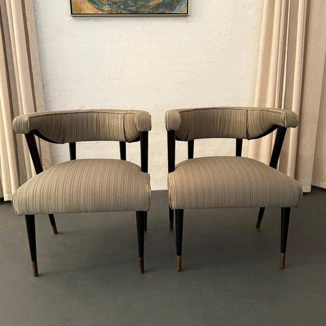 Gray 1950s Pair of Hollywood Regency Barrel Back Pleated Armchairs For Sale - Image 8 of 11