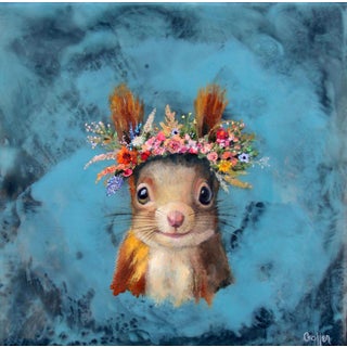 Butch (Floriferous Squirrel) by Carrie Goller | Mixed media - oil/encaustic on canvas Squirrel with a flower crown For Sale