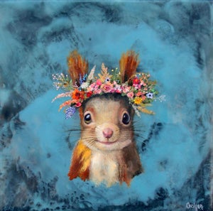 Butch (Floriferous Squirrel) by Carrie Goller | Mixed media - oil/encaustic on canvas Squirrel with a flower crown