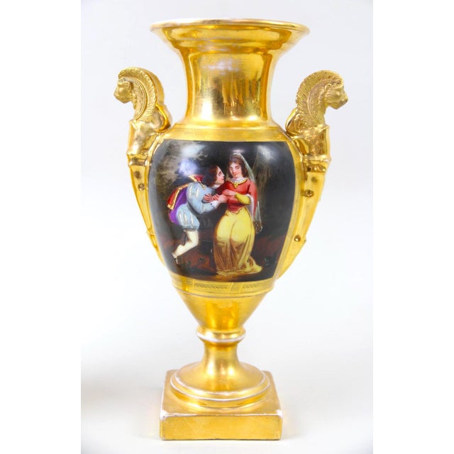 Pair of Old Paris Gilt Porcelain Decorative Vases With Romantic Scenes For Sale - Image 9 of 14