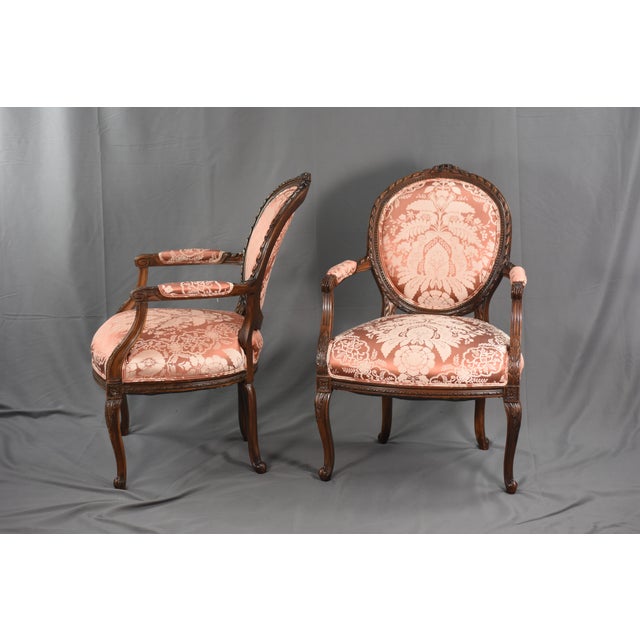 Wood New Scalamandre Damask on 1920s Louis XV-style Bergere Accent Chairs, Reupholstered Pair French Provincial Armchairs For Sale - Image 7 of 9