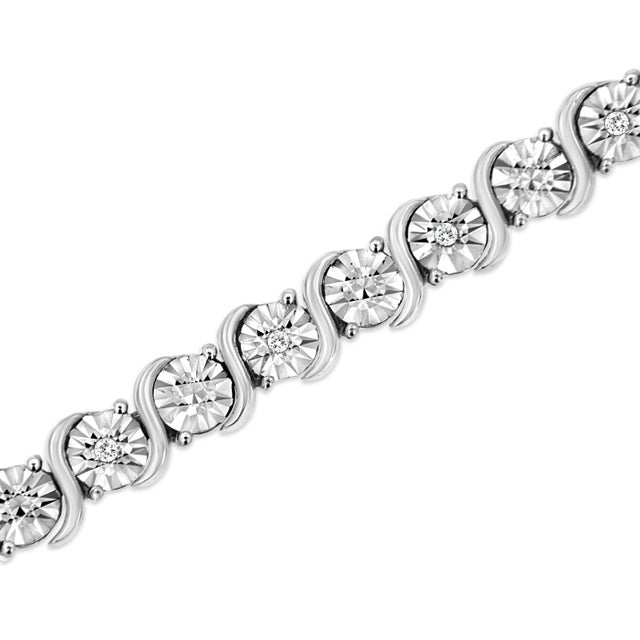 Haus of Brilliance .925 Sterling Silver 1/10 Cttw Diamond Round Miracle Plate and "S" Link Tennis Bracelet - 7" For Sale - Image 4 of 7