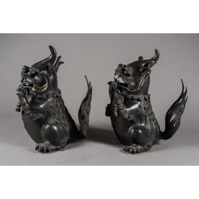 Pair Antique Chinese Bronze Foo Dog Shishi Incense Burners Qing Republic For Sale In Los Angeles - Image 6 of 9