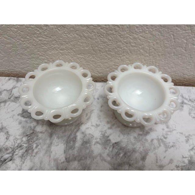 French Country Mid-Century White Glass, Petite Pedestal Bowls, Set of Two For Sale - Image 3 of 6