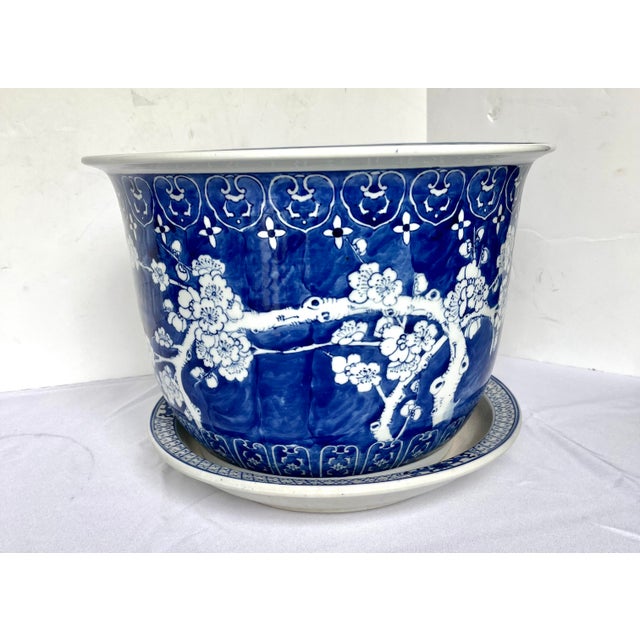 Ceramic Late 1800s Blue/White Prunus Blossom Chinese Jardiniere With Underplate For Sale - Image 7 of 15