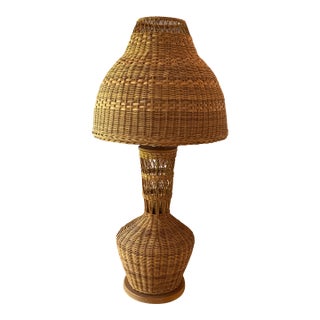Monumental Vintage Wicker Table Lamp With Matching Dome Shaped Shade For Sale