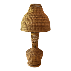 Monumental Vintage Wicker Table Lamp With Matching Dome Shaped Shade