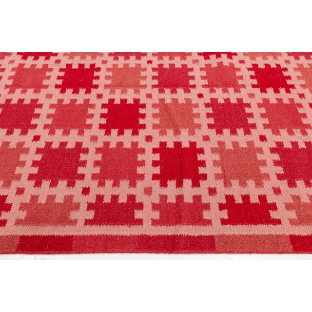 Rose 10x14 Modern Swedish-Style Flatweave Wool Rug – Terracotta & Crimson Geometric For Sale - Image 8 of 10