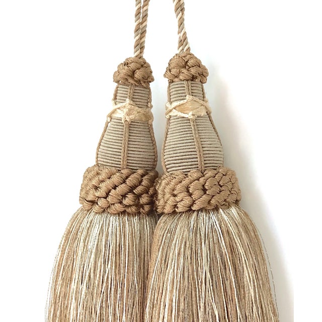 French Provincial Sage Green Key Tassels With Looped Ruche - a Pair For Sale - Image 3 of 12