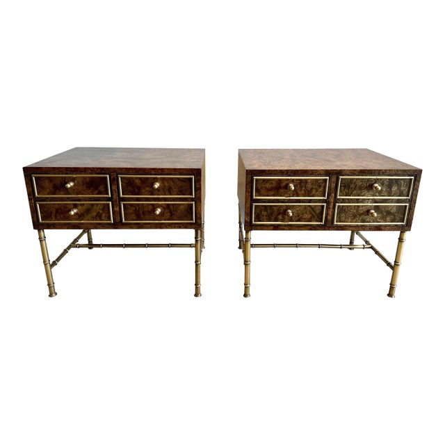 Vintage Burlwood and Brass Night Tables by Mastercraft - A Pair For Sale
