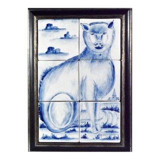 Dutch Tin-Glazed Earthenware Tile Picture of a Cat, Makkum, For Sale