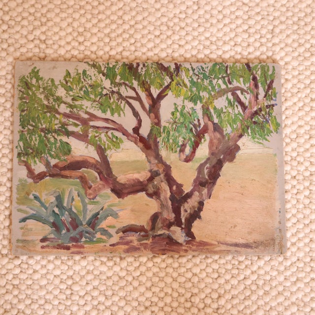 20th Century French Grand Tree Painting featuring a sculptural, spreading tree rendered with lively, expressive brushwork...