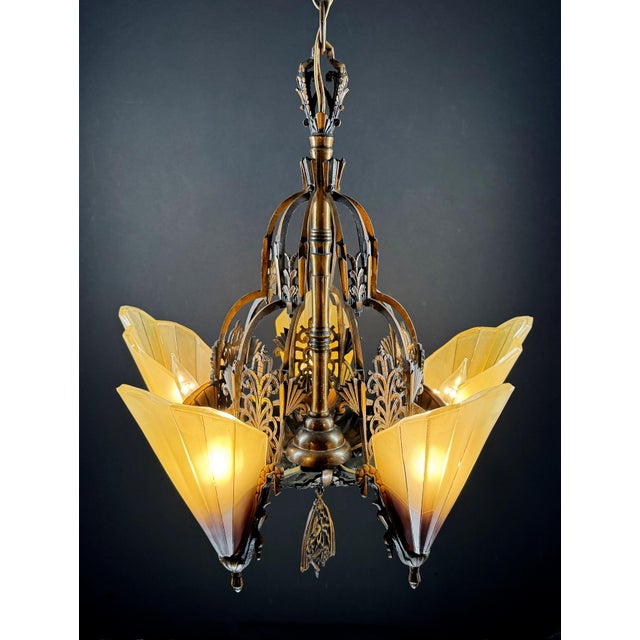1930s Mid-West Mfg. Soleure Series Art Deco 5-Light Slip Shade Chandelier in Cast Bronze For Sale - Image 9 of 14
