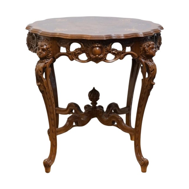 Mid 20th Century Vintage Antique Mahogany & Walnut Louis XV French Provincial 29" Accent Table W. Cherubs and Acanthus Leaf Carvings For Sale - Image 5 of 7