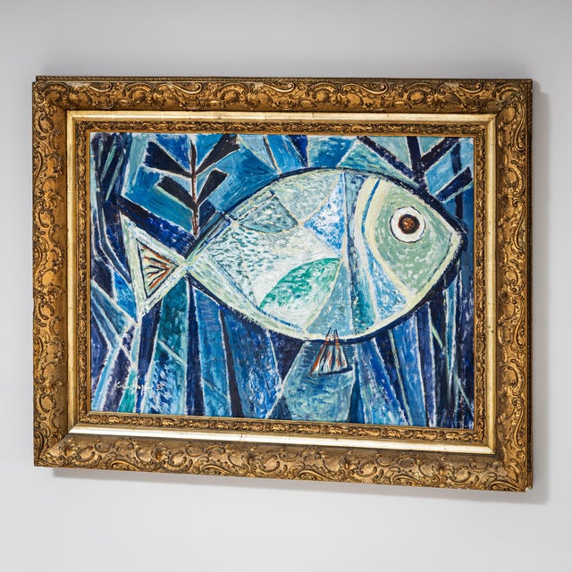 Werner Kreuzhage, Blue Fish, Oil Painting on Wood, 1955 For Sale - Image 4 of 12