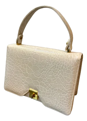 Magda Makkay Vintage White/Ivory Croc-Embossed Leather Handbag – Gold-Tone Clasp, Original Coin Pouch Included