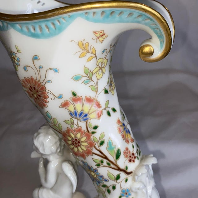 Pair of 1970s Cornucopia Hand Painted Floral With Cherubs on the Tips For Sale - Image 4 of 11