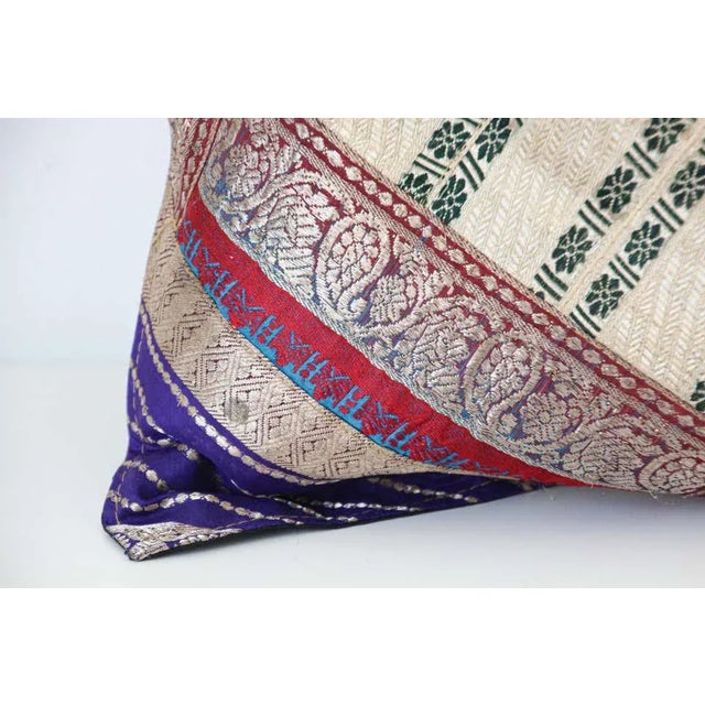 Red Decorative Throw Silk Pillow Made From Vintage Sari Borders, India For Sale - Image 8 of 13