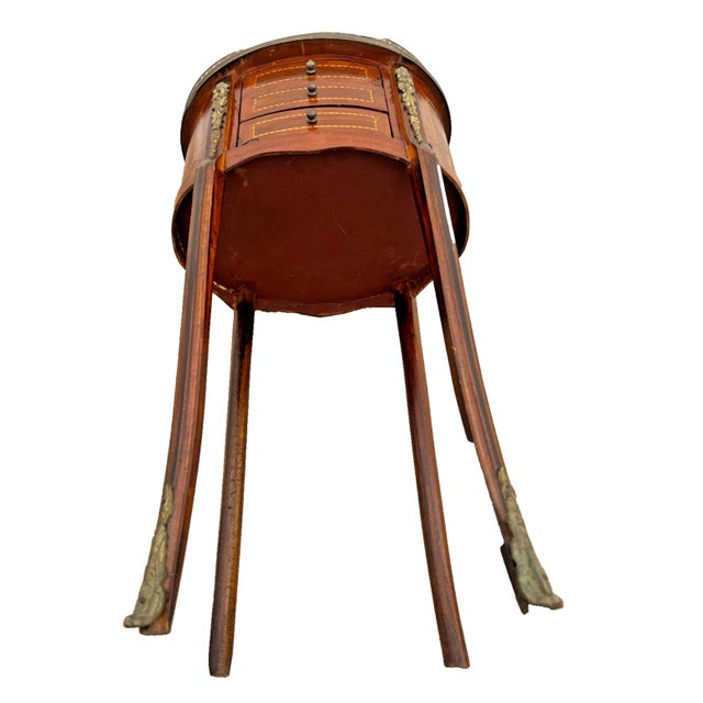 1920s Oval Accent Table Nightstand Three Drawers, Inlays, Brass Accents French Style For Sale - Image 12 of 12