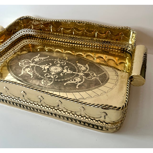 Brass Tray Pierced Decorative Gallery and Large Cylindrical Handl For Sale - Image 11 of 11