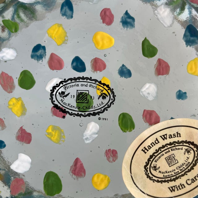 1980s Vintage Mackenzie Childs Circus Hand Painted Blown Glass Bowl Original Maker’s Label For Sale - Image 5 of 5