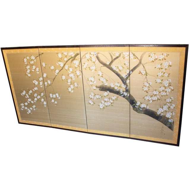 Japanese 1950-1960s Shōwa Era Japanese Painted Silk Byobu Screen "Blossoming Sakura" For Sale - Image 3 of 18