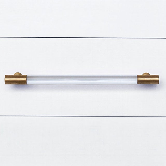 Metal Matthew Izzo Home Amber White Textured Linen Three Drawer Side Table With Acrylic and Antique Brass Drawer Pulls and Ferrules For Sale - Image 7 of 8